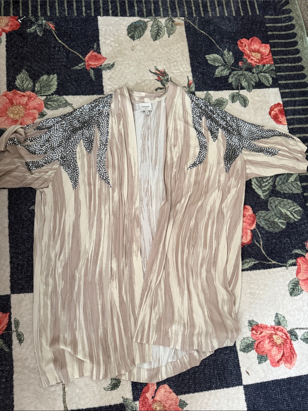 Haute Hippie Beige & Cream Crinkled Open-Front Tunic with Beaded Shoulders